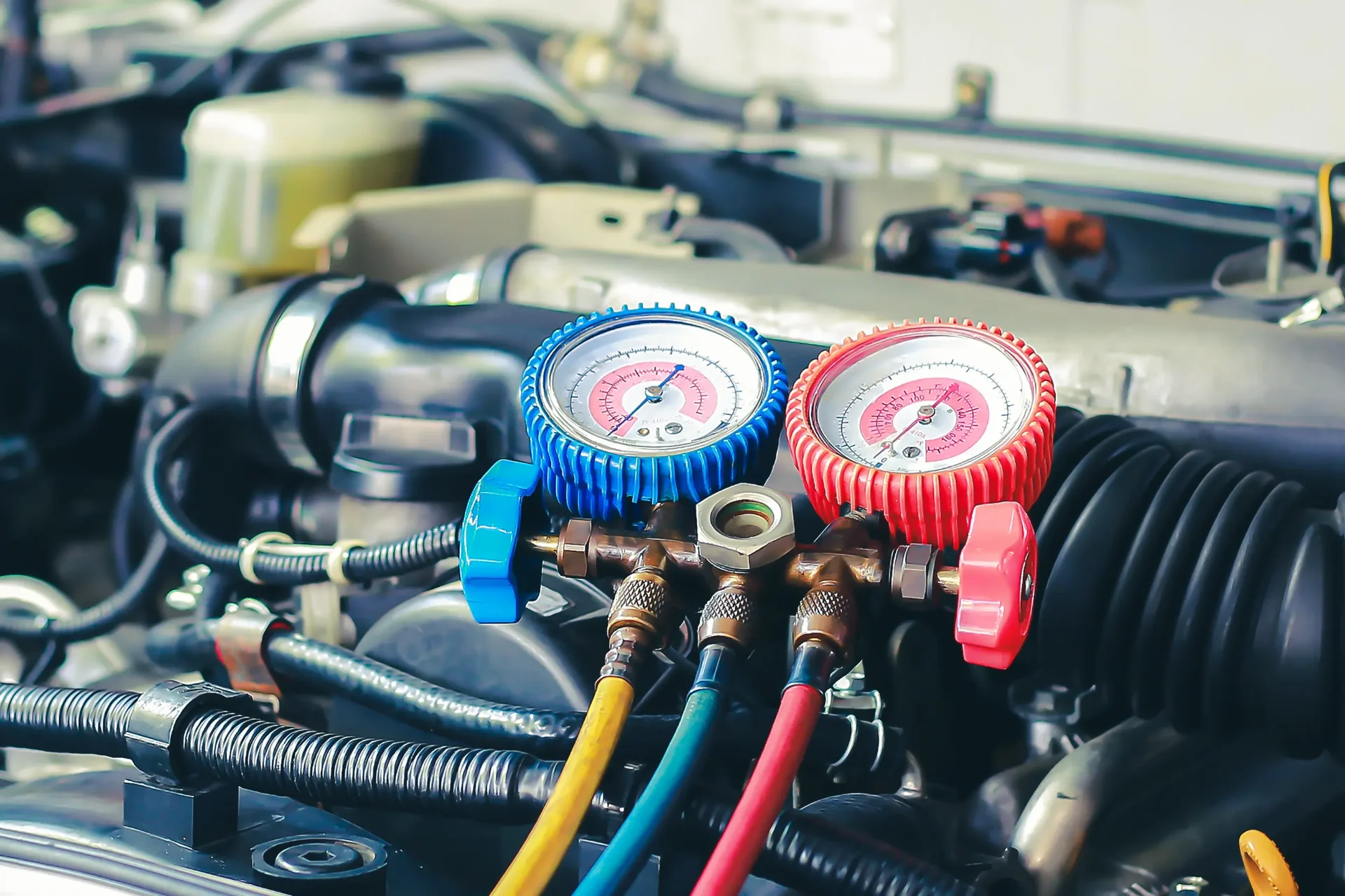 Refrigerant pressure gauges connected to a car air conditioning system
