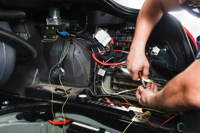 Auto electrician working on a car's electrical system